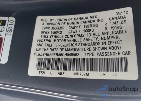 2012 Honda Civic Lx z USA, uszkodzony, nr VIN 2HGFG3B56CH546562